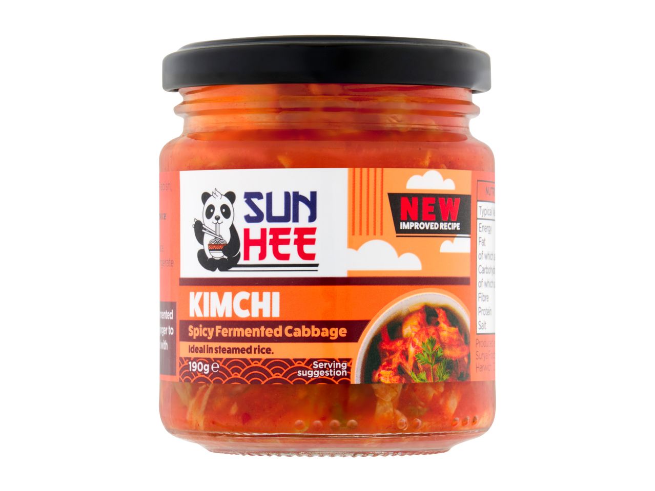 Jar of spicy fermented cabbage (kimchi) with a panda logo, labeled 'NEW IMPROVED RECIPE'.