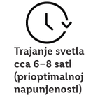 Trajanje svetla cca 6–8 sati (pri optimalnoj napunjenosti) sa ikonom sata.