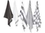 W5 Kitchen Hand Towel & Tea Towel Set: five towels in grey, white, striped, and plaid patterns.