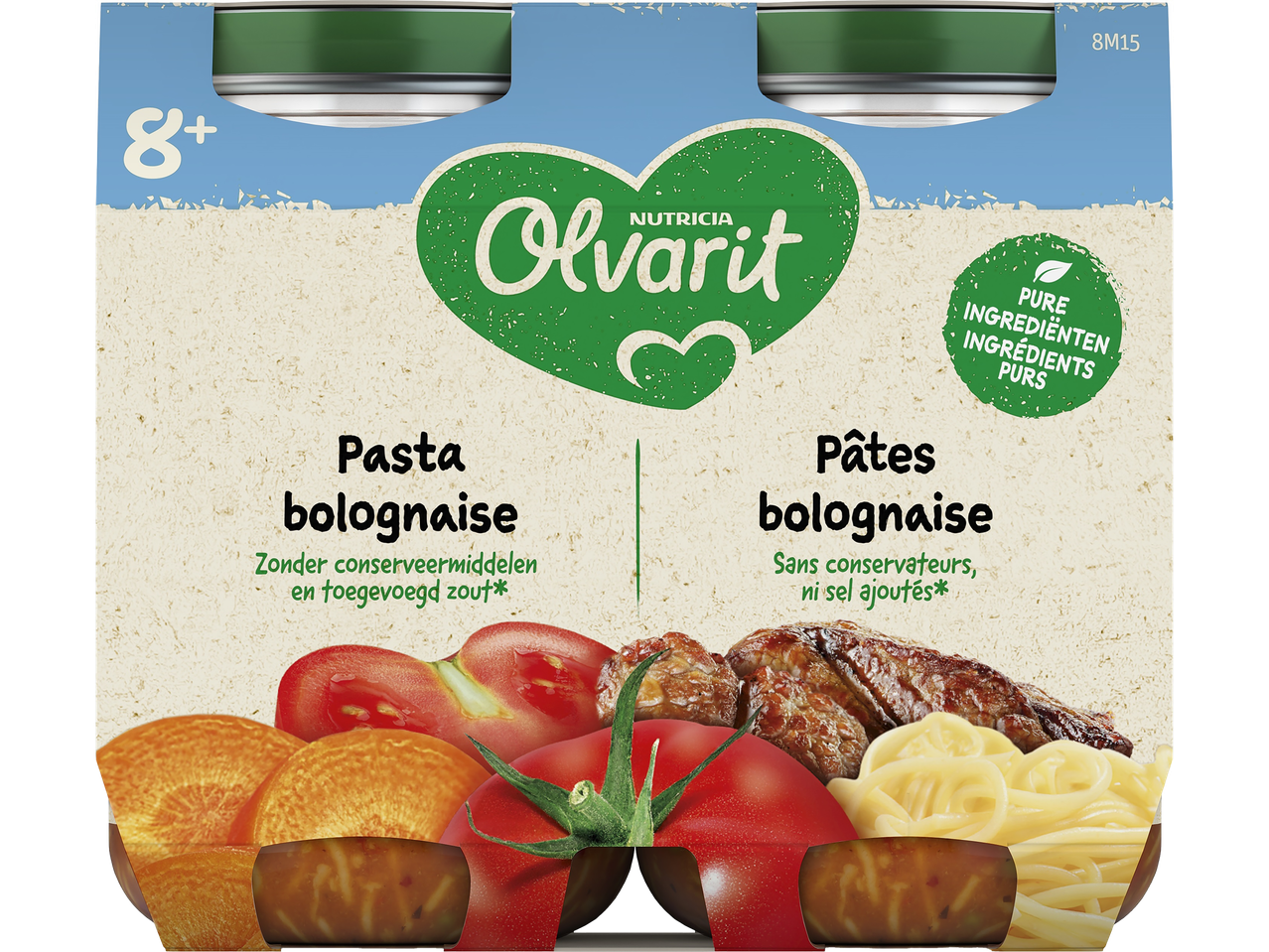 Aliment pour bébé Olvarit Pâtes Bolognaise pour 8+ mois, avec des ingrédients purs.
