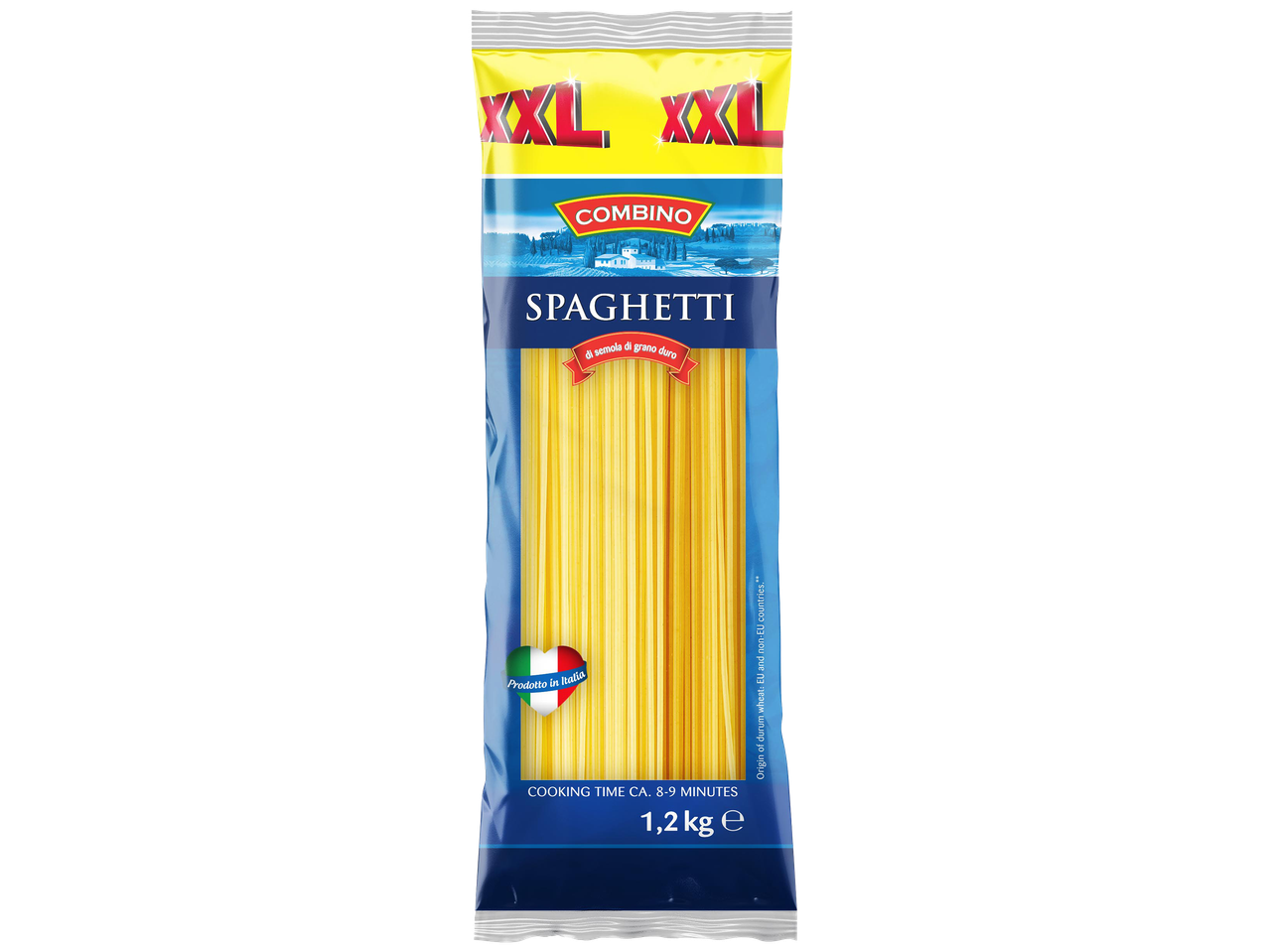 Spagetti tészta csomagolás, 1,2 kg-os kiszerelésben, 8-9 perces főzési idővel.