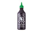 Dark bottle of hoisin sauce with a green cap and a flying goose logo.
