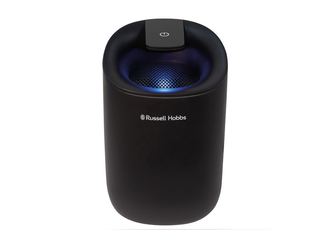 Black Russell Hobbs air purifier with a blue glowing top and power button.