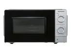 Black and silver microwave oven with two control dials for power and timer/defrost.