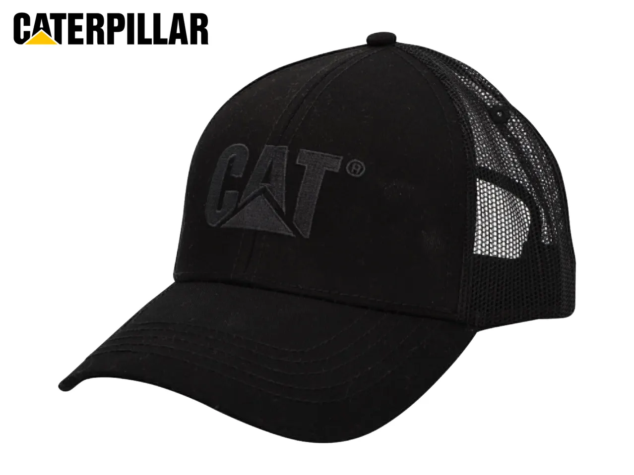 Black trucker cap with a black embroidered logo on the front