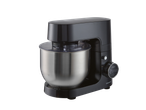 Robô de cozinha preto com taça de aço inoxidável e ecrã digital.