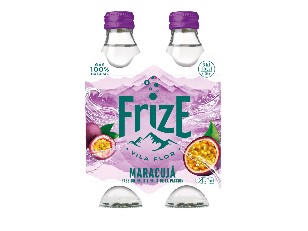 Água com Gás Frize Maracujá, 4x25cl, com gás 100% natural e 1 kcal por 100ml.