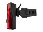 A red bicycle rear light with a black plastic mount.