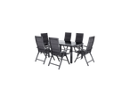 Conjunto de mobiliário de jardim de oito peças: uma mesa e sete cadeiras.