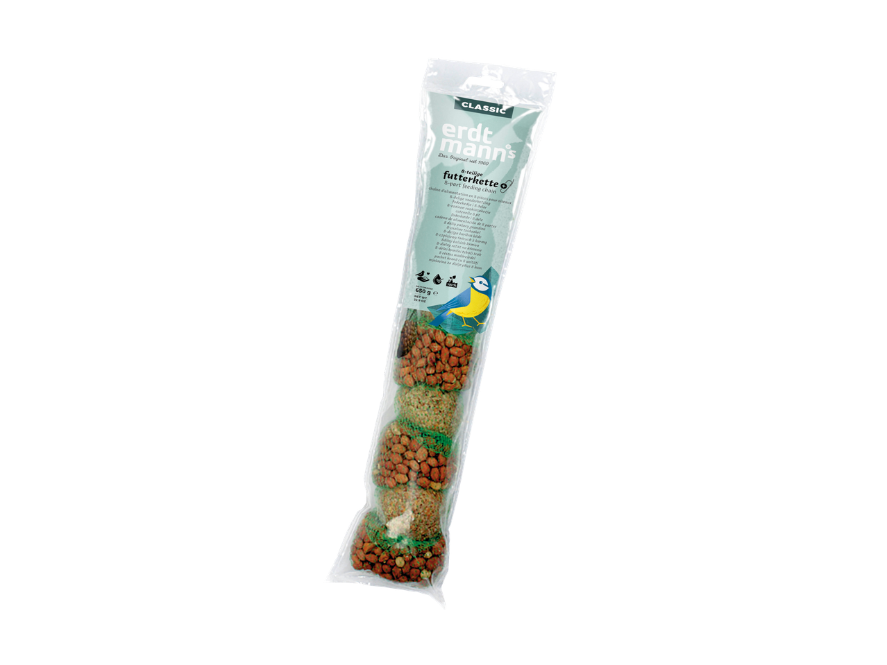 Erdtmann's 8-part feeding chain for birds, containing peanuts and other seeds, in clear packaging.