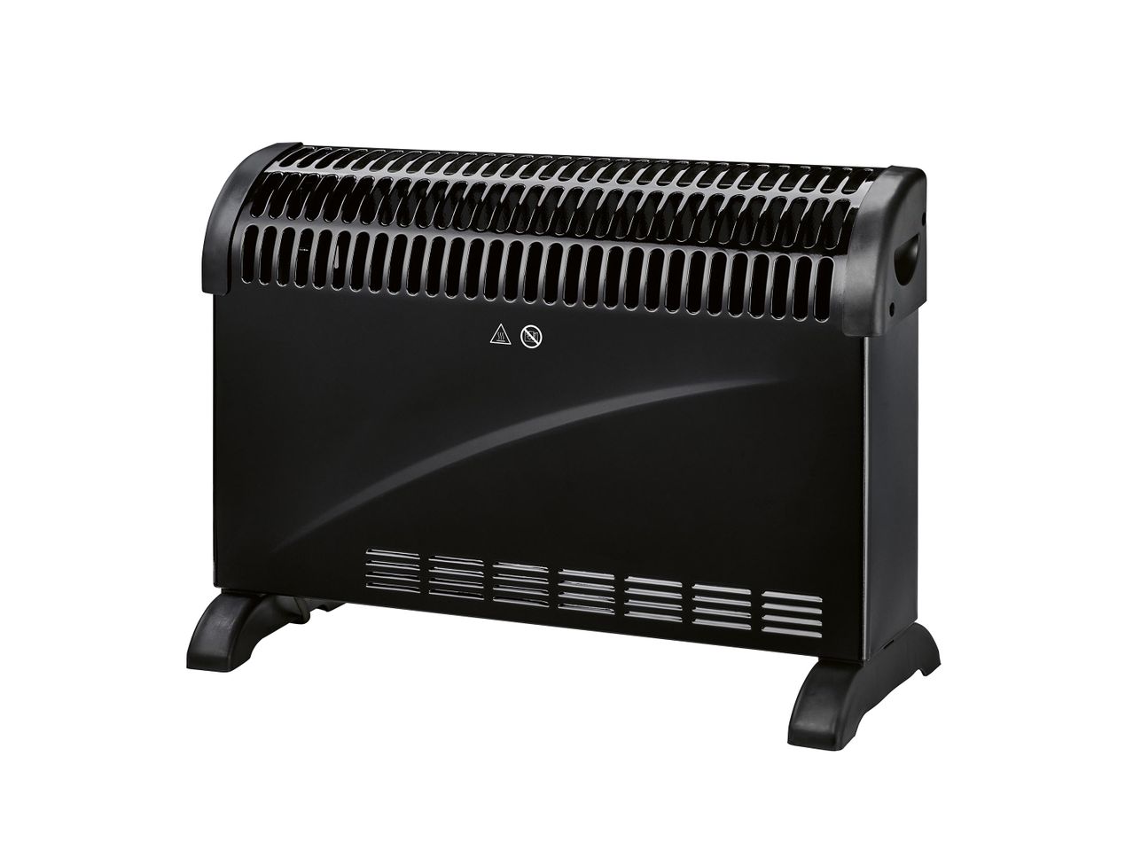 Fekete színű, hordozható elektromos konvektor fűtőtest, lábakkal és szellőzőnyílásokkal.