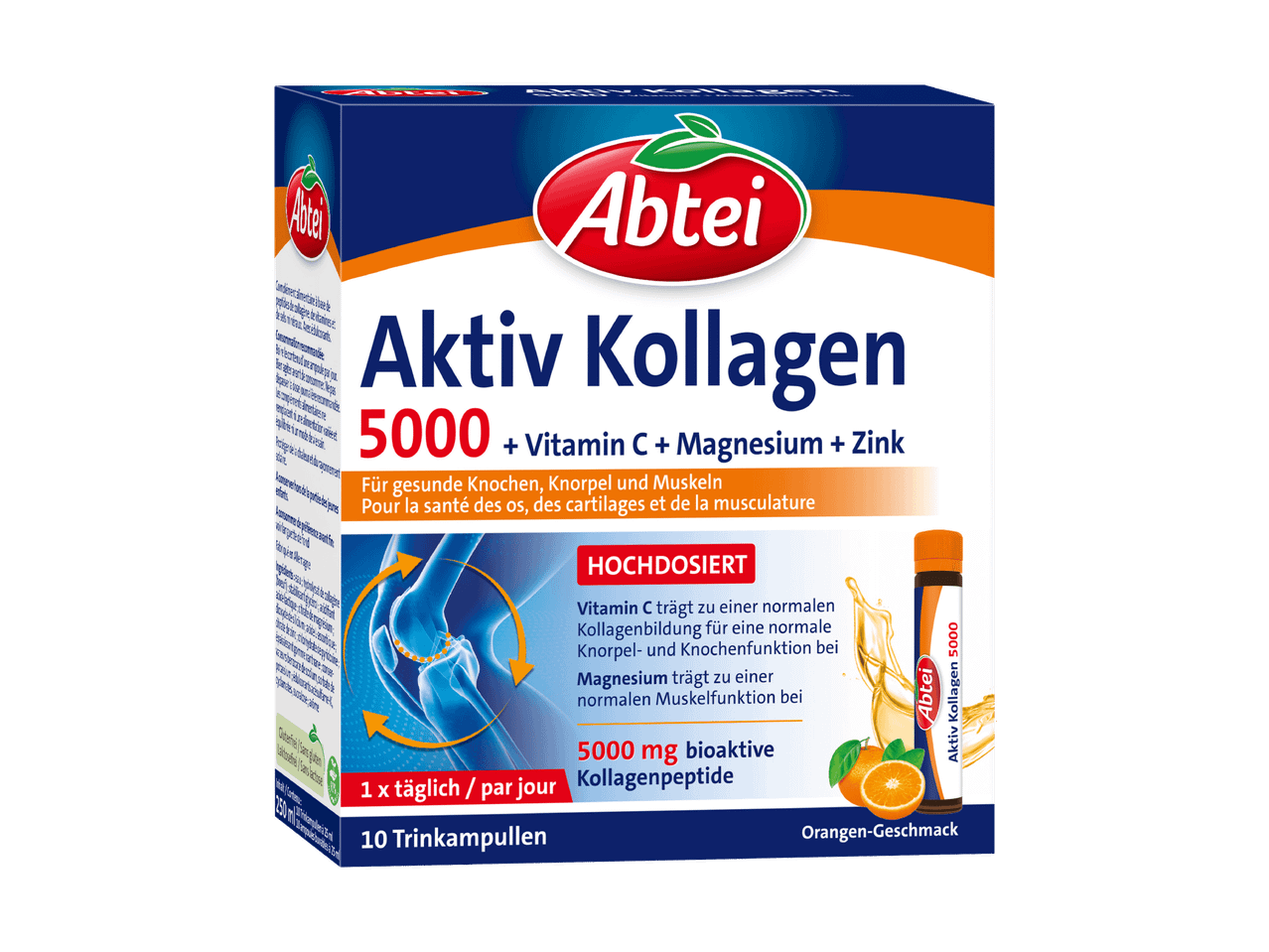Packung Abtei Aktiv Kollagen 5000 mit Vitamin C, Magnesium und Zink.