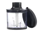 Food chopper attachment with a clear container, black lid, and measurement markings.