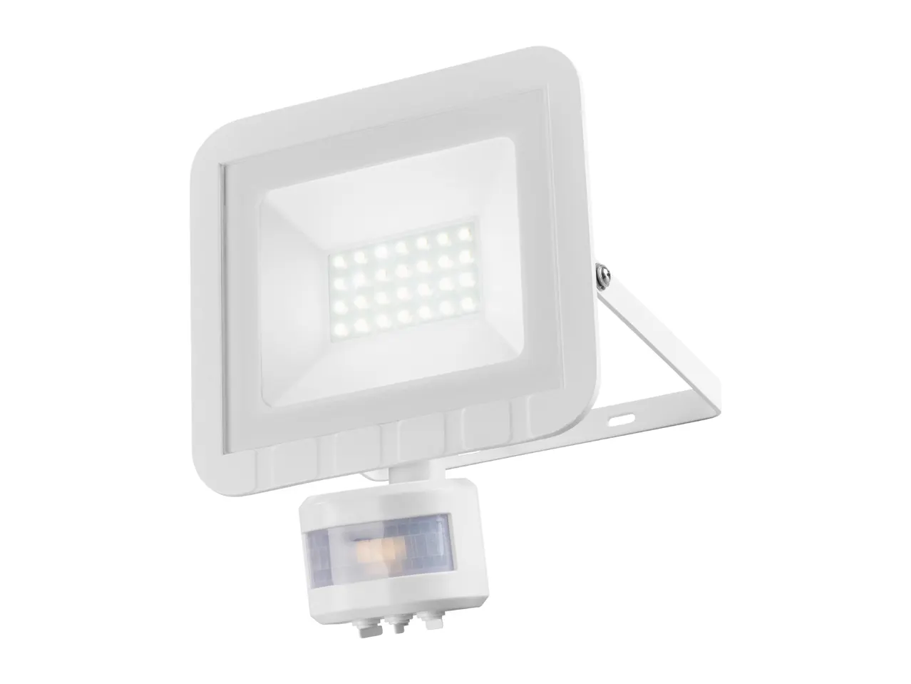 A white LED floodlight with a motion sensor attached, angled upwards on a white background.