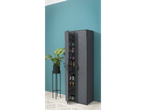 A gray fabric shoe cabinet with multiple shelves stands against a teal wall.