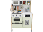 Lupilu wooden play kitchen with microwave, oven, sink, and refrigerator.