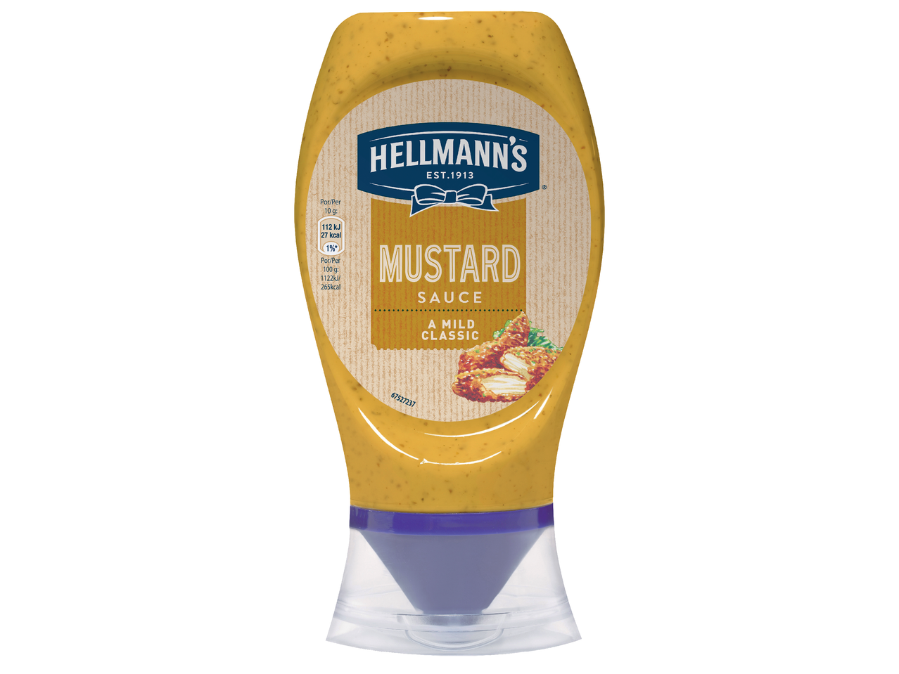 Бутилка горчичен сос с надпис „MUSTARD SAUCE A MILD CLASSIC“ и хранителна информация.