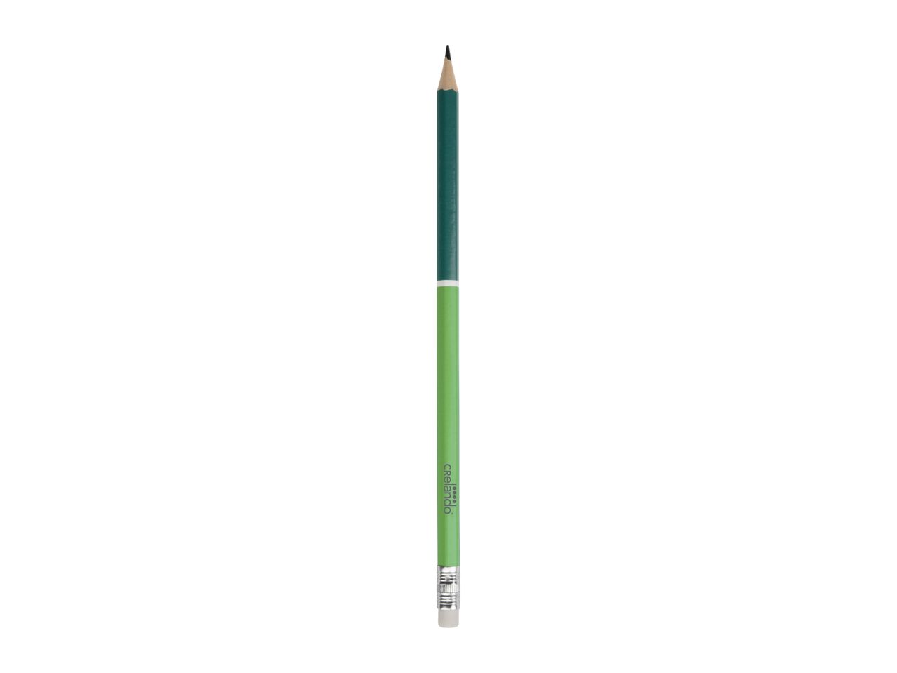 A green pencil with a dark green top and a light green bottom, with an eraser.