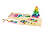 Colorful wooden counting sticks and blocks, with a wooden box and a board showing math examples.