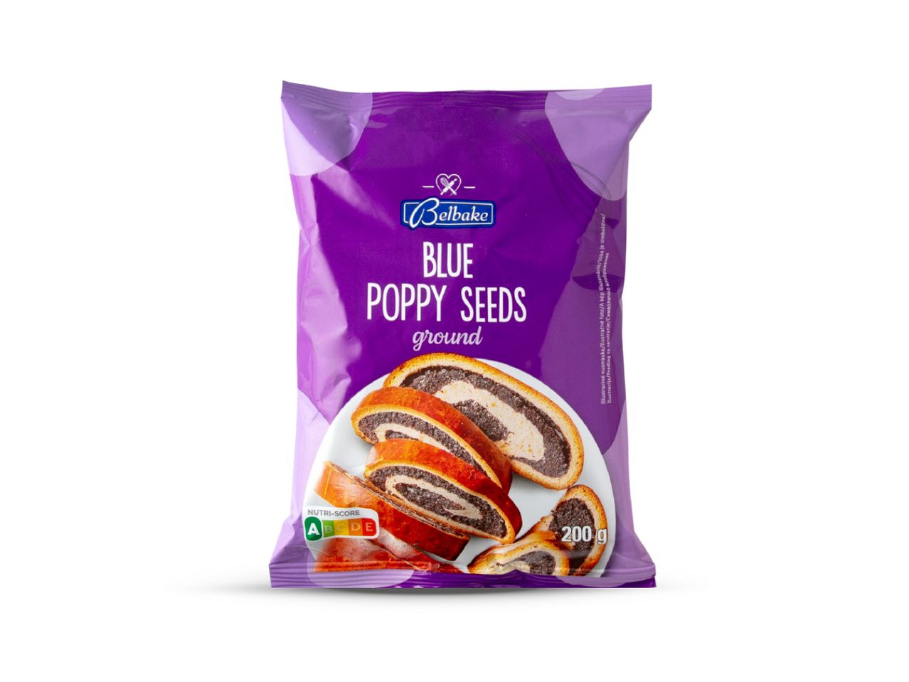 Ljubičasto pakiranje Belbake mljevenog plavog maka s prikazom makovnjače i Nutri-Score oznakom.