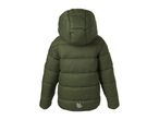 Back view of a green children's puffer jacket with a hood and a reflective detail.