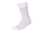 A single white sock with thin horizontal brown stripes, isolated on a white background.