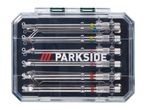 A clear plastic case containing various Parkside screwdriver bits, including Torx, Phillips, and flathead.