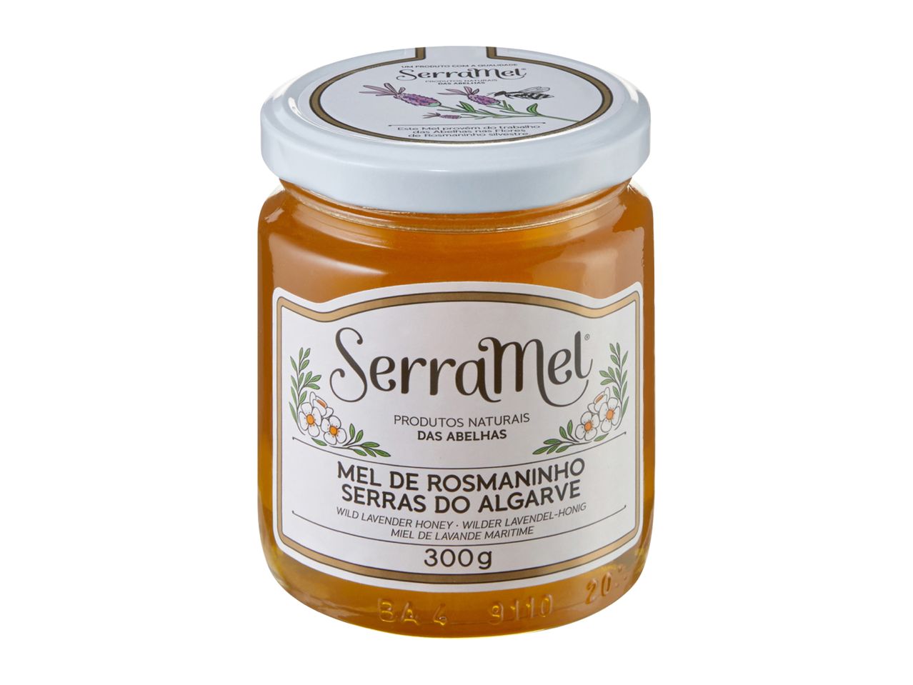 Serramel Wild Lavender Honey from Algarve in a glass jar.