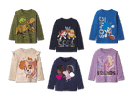 Sechs Langarmshirts für Kinder mit Motiven von Jurassic Park, Paw Patrol, Sonic, Peppa Pig und My Little Pony.