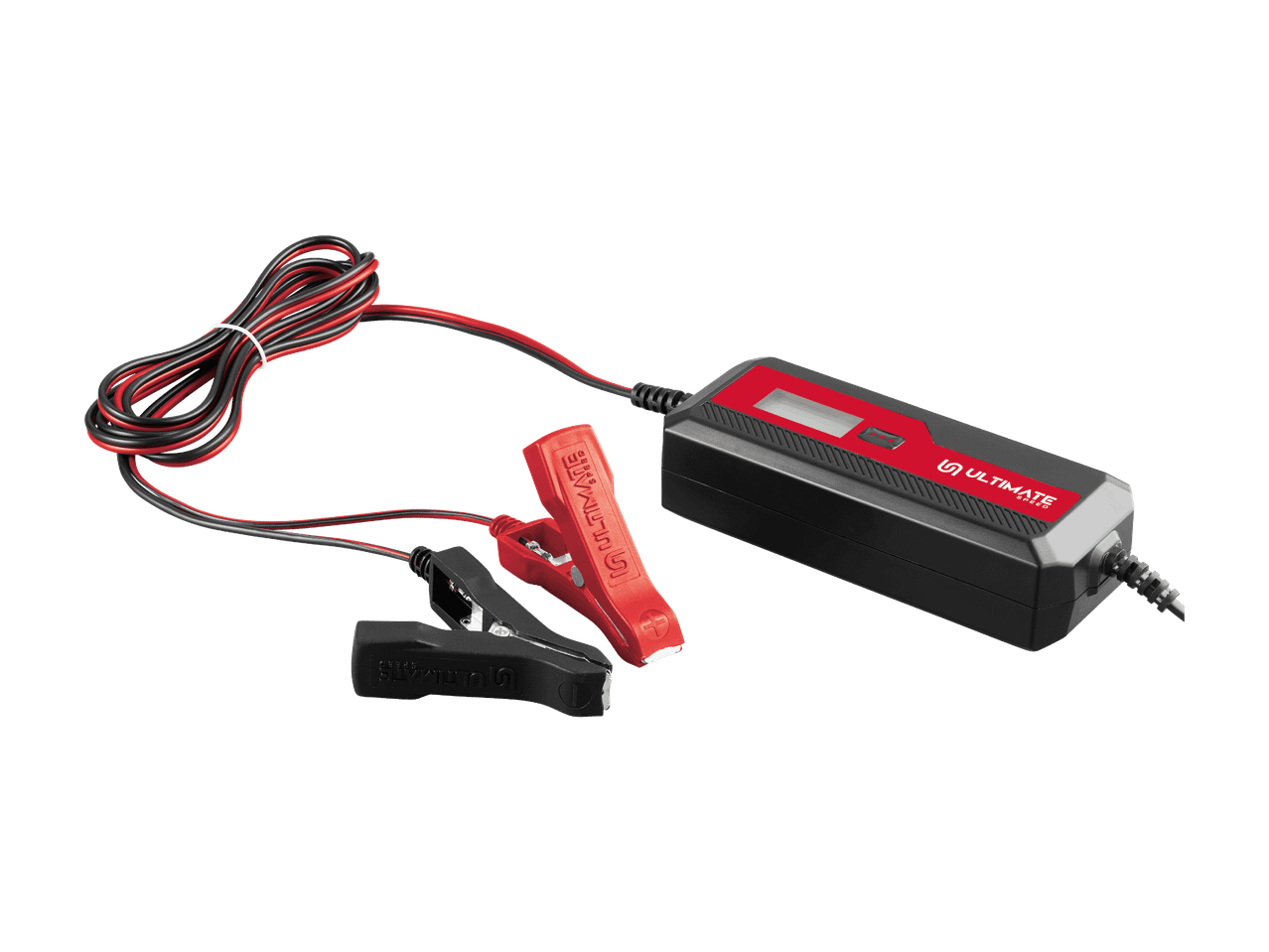 Kompaktes Autobatterie-Ladegerät mit LCD-Display und Ladekabeln.
