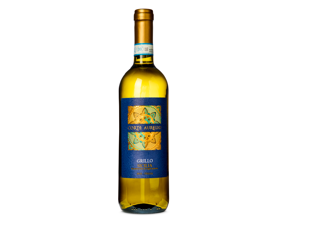 Fles Corte Aurelio Grillo Sicilia DOC witte wijn.