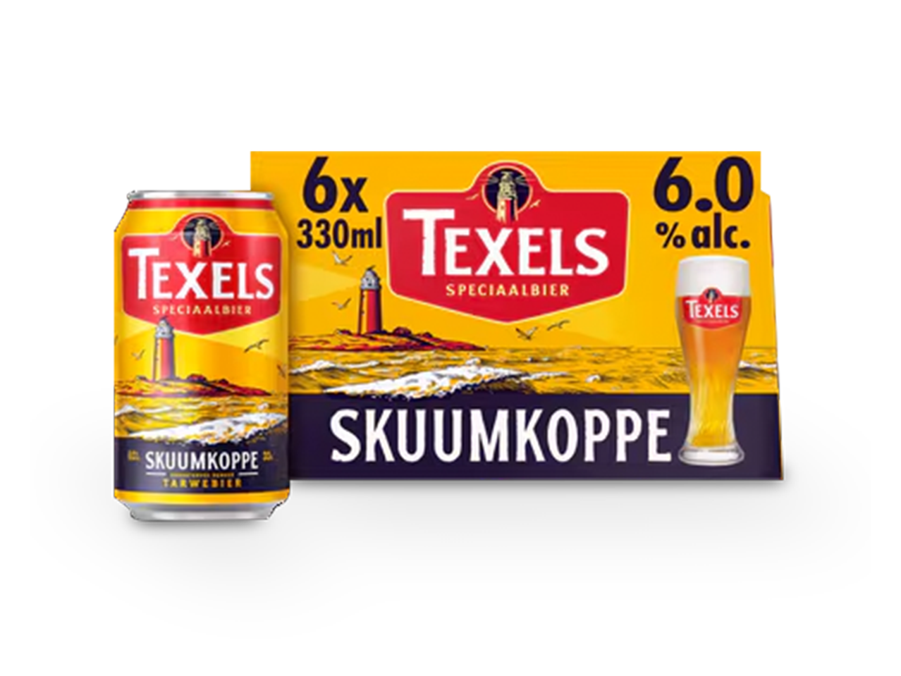 Een blikje en een 6-pack speciaalbier met een vuurtoren en golven, 6.0% alc.