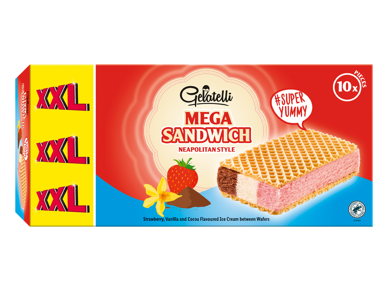 Caixa de 10 sanduíches de sorvete Gelatelli XXL, estilo napolitano.
