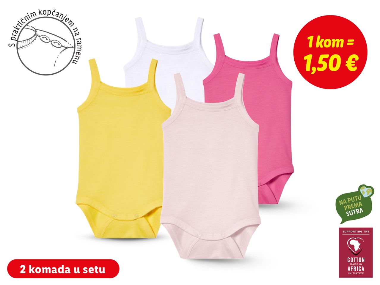 Tri pamučna bodija za bebe u žutoj, ružičastoj i bijeloj boji.