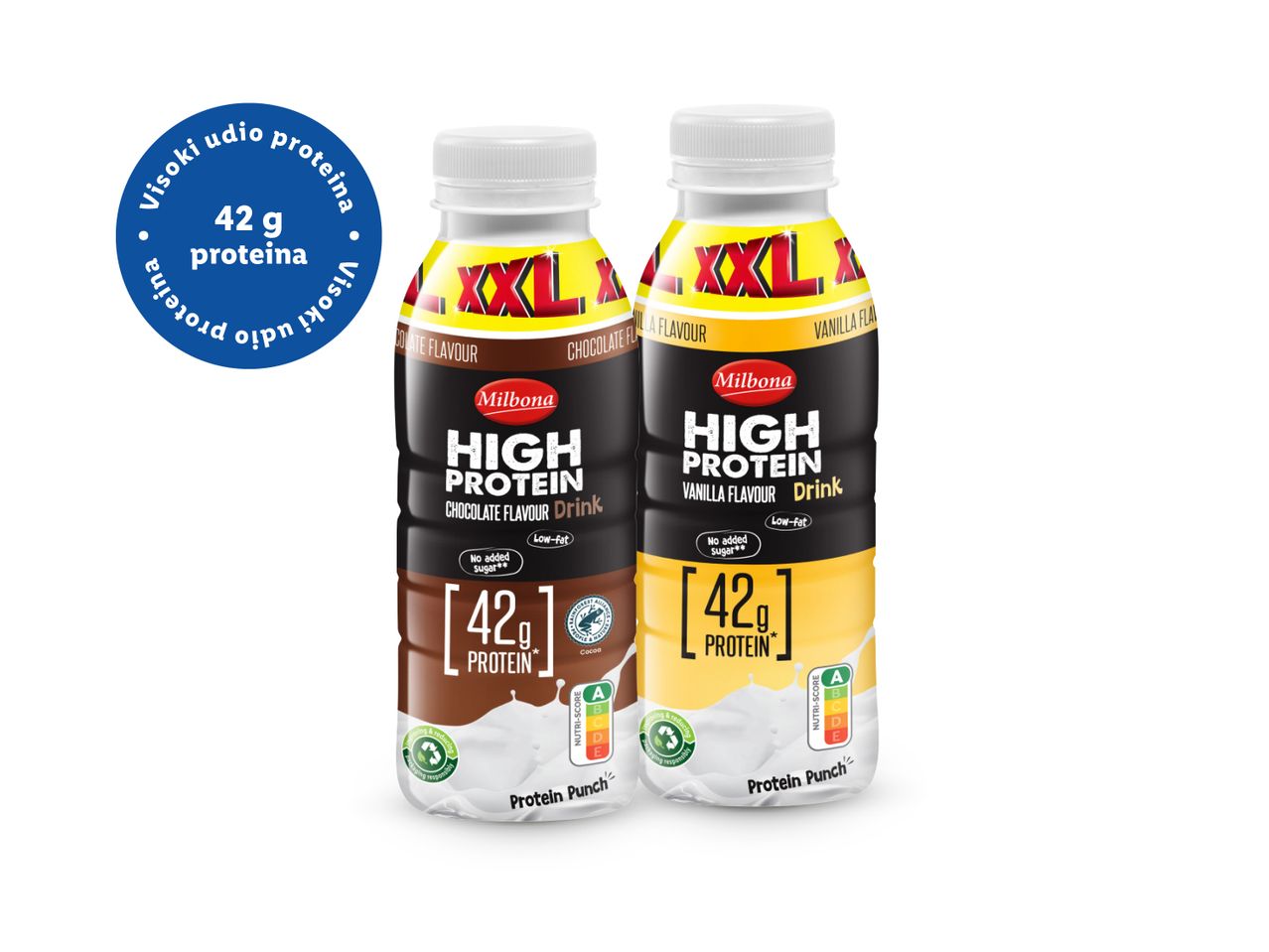 Milbona High Protein napitci s okusom čokolade i vanilije, 42g proteina, niskomasni.