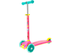 Pink three-wheel scooter with teal handles and wheels, featuring cartoon character decals.