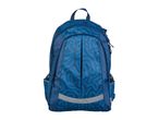 A blue Crelando backpack with a unique pattern and reflective strip.