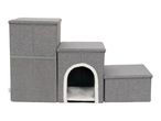 Three-step grey fabric pet stairs with a built-in cat cave