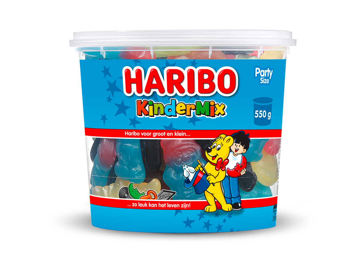 Een grote pot met diverse fruitgums en dropjes, met een vrolijke illustratie van een beer en een jongen.