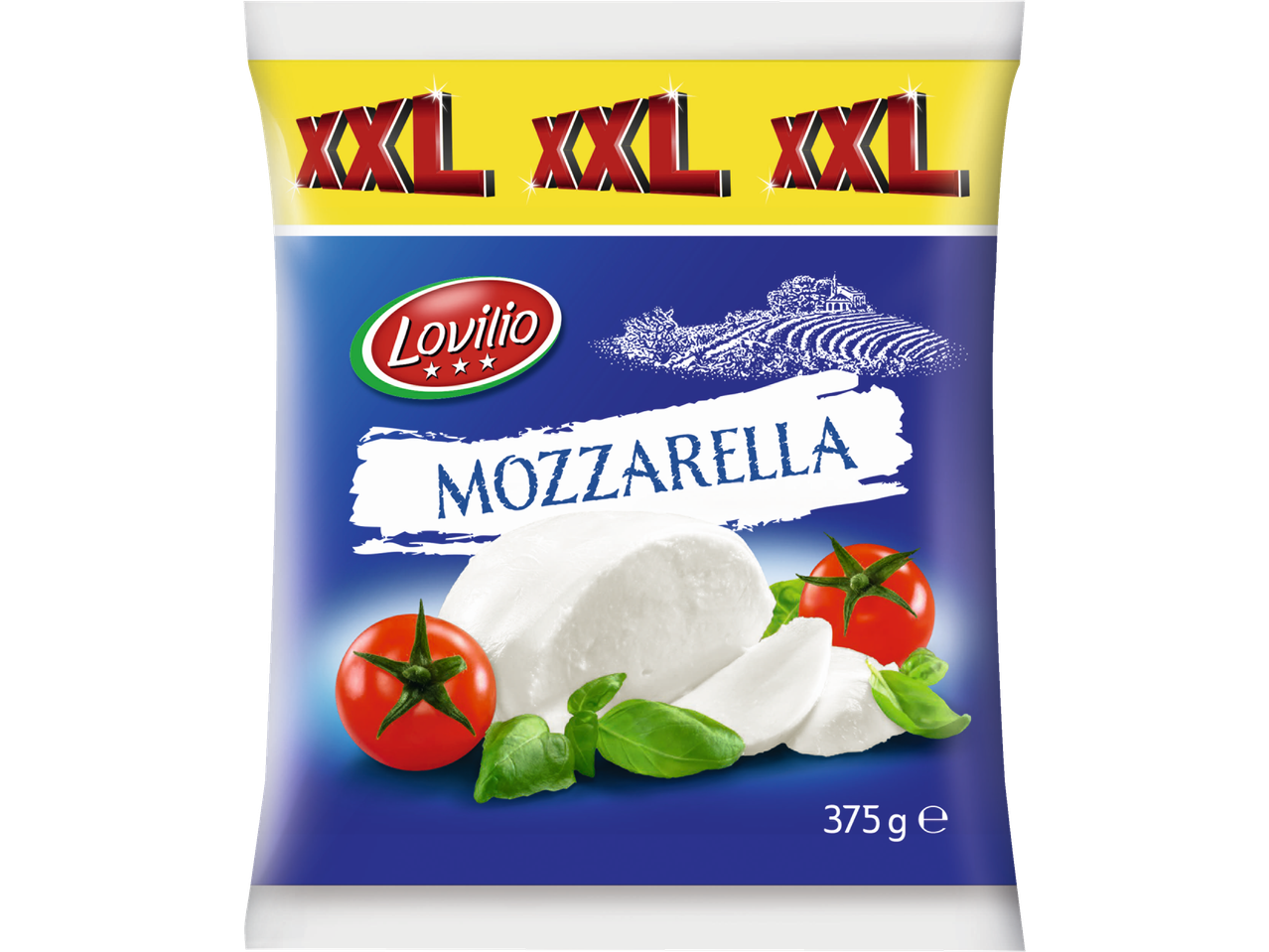 Embalagem de queijo Mozzarella Lovilio XXL de 375g.