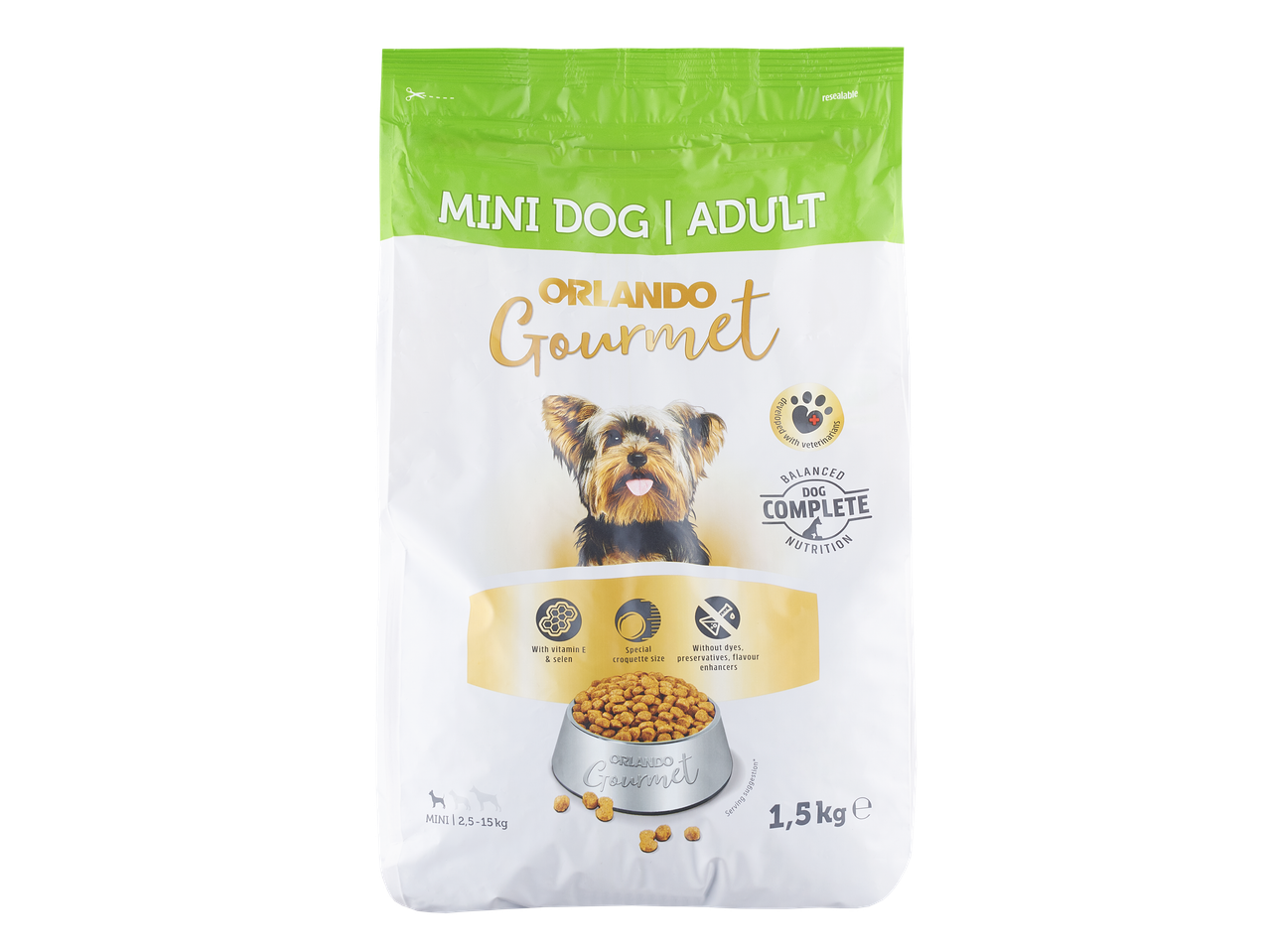 Orlando Gourmet suaugusiems mini šunims skirtas maistas, 1,5 kg pakuotė.