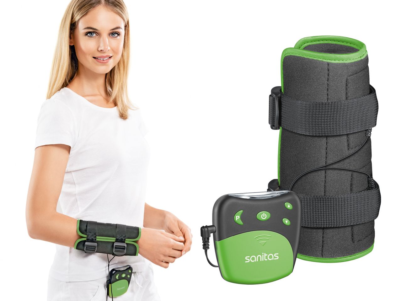Жена с устройство за електростимулация Sanitas на ръката и отделен маншет за крак