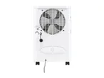Back view of a white portable air conditioner with a hose and power cord