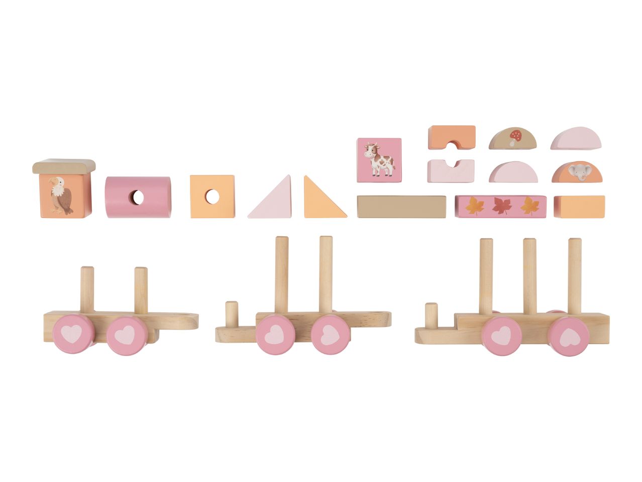 Wooden toy train with pastel-colored building blocks featuring animals, leaves, and shapes.