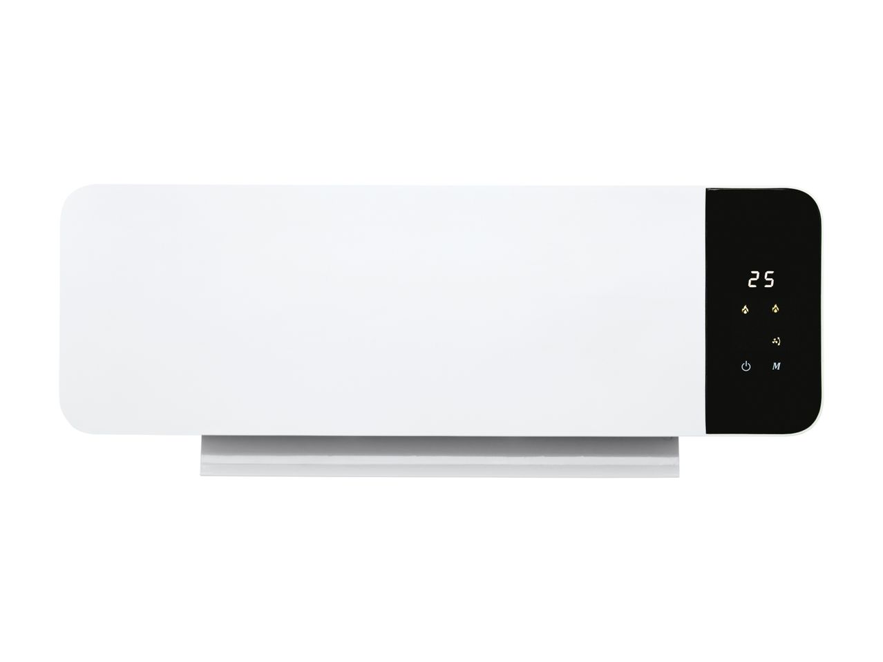 White electric heater with a digital display showing '25' and control icons.