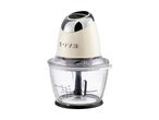 A cream and chrome food chopper with a clear measuring bowl.