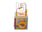 Wooden activity cube with a bead maze, featuring forest animal illustrations like a fox and hedgehog.