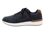 Navy blue and brown men's casual sneaker with white sole, side view.