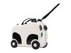 White and black panda-themed ride-on suitcase with wheels and a pull strap.