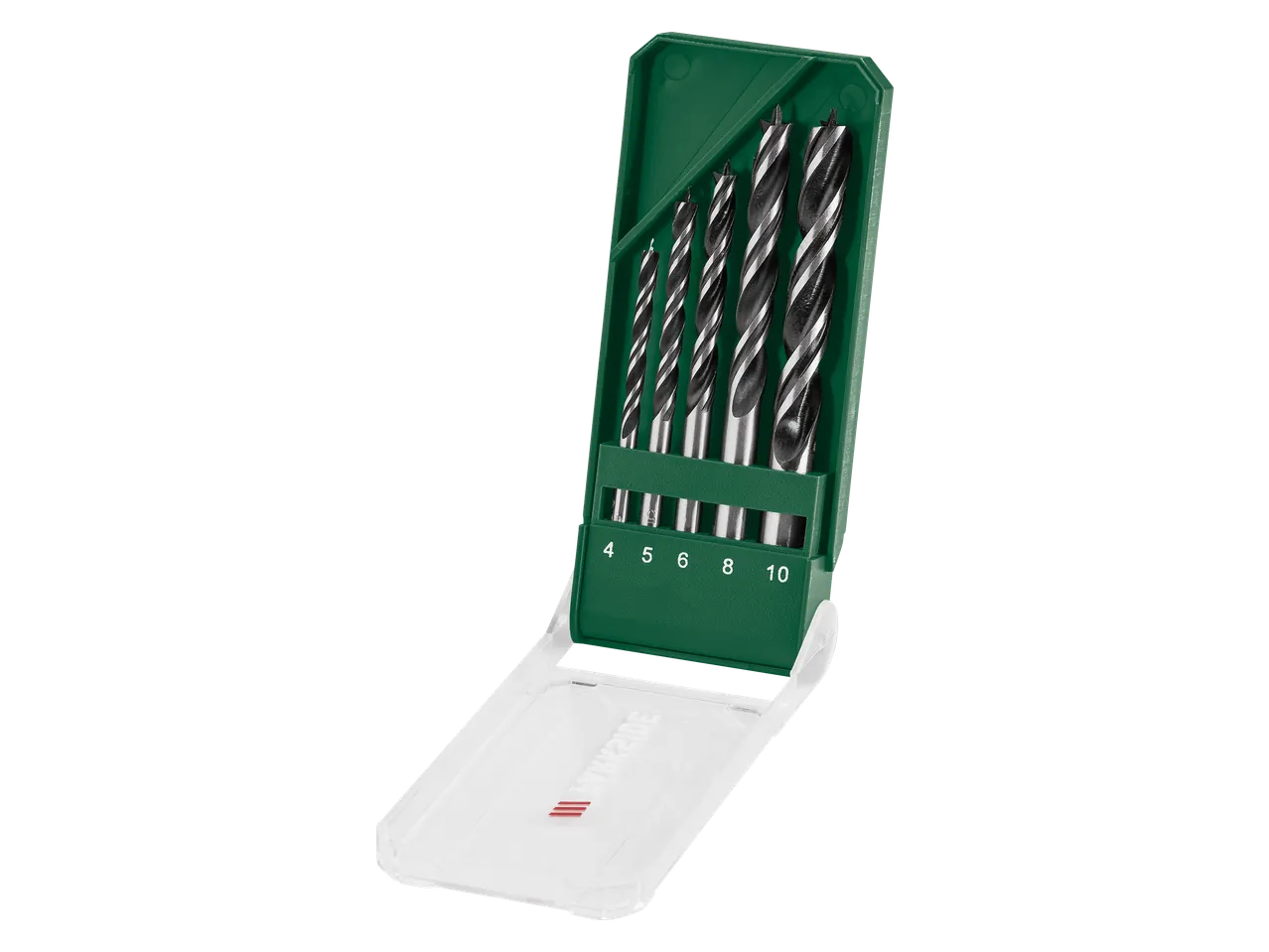 Conjunto de brocas para madeira PARKSIDE em estojo verde, tamanhos 4, 5, 6, 8, 10 mm.